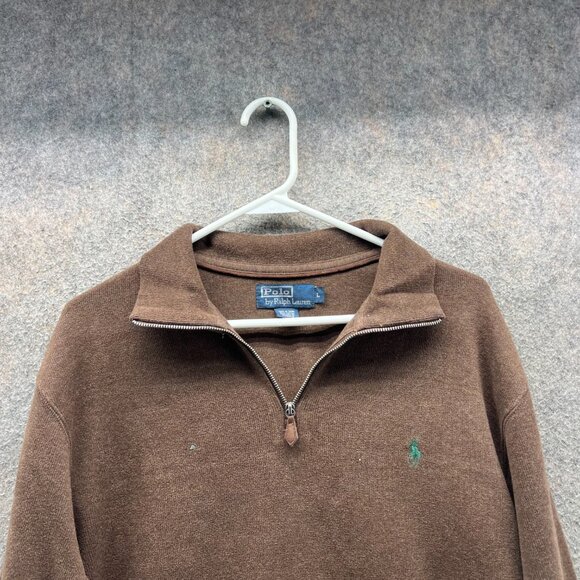 Vintage Ralph Lauren Pullover Mens Large Brown Fleece 1/4 Zip Pony Sweater 90s - Picture 10 of 11